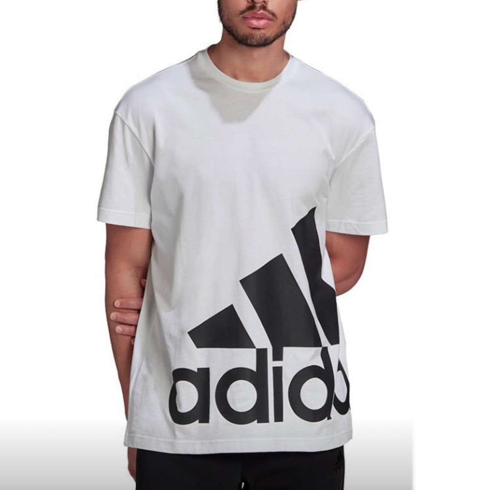 Men's adidas Essentials Giant Logo Tee White with Black logo *RUNS 1 SIZE LARGE*